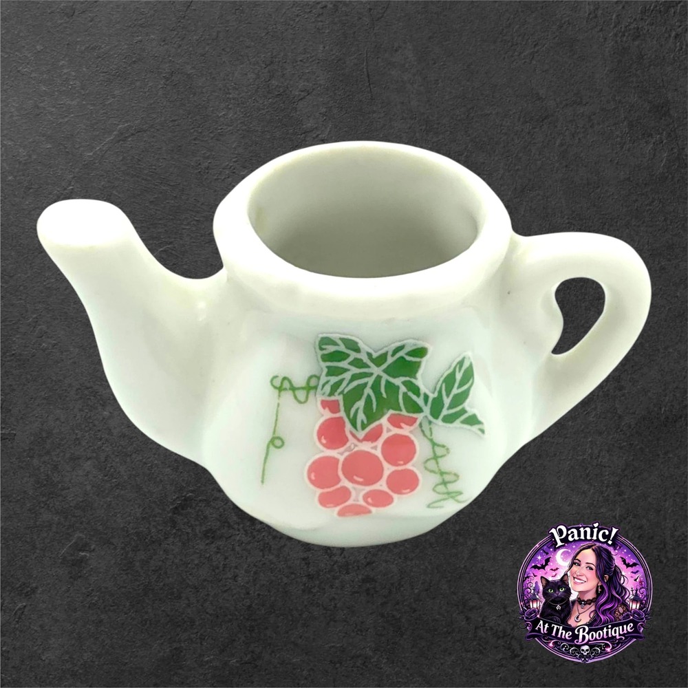 Frenzy Toys Miniature Teapot Ceramic White Pink Grapes Dollhouse Decor 1.25in